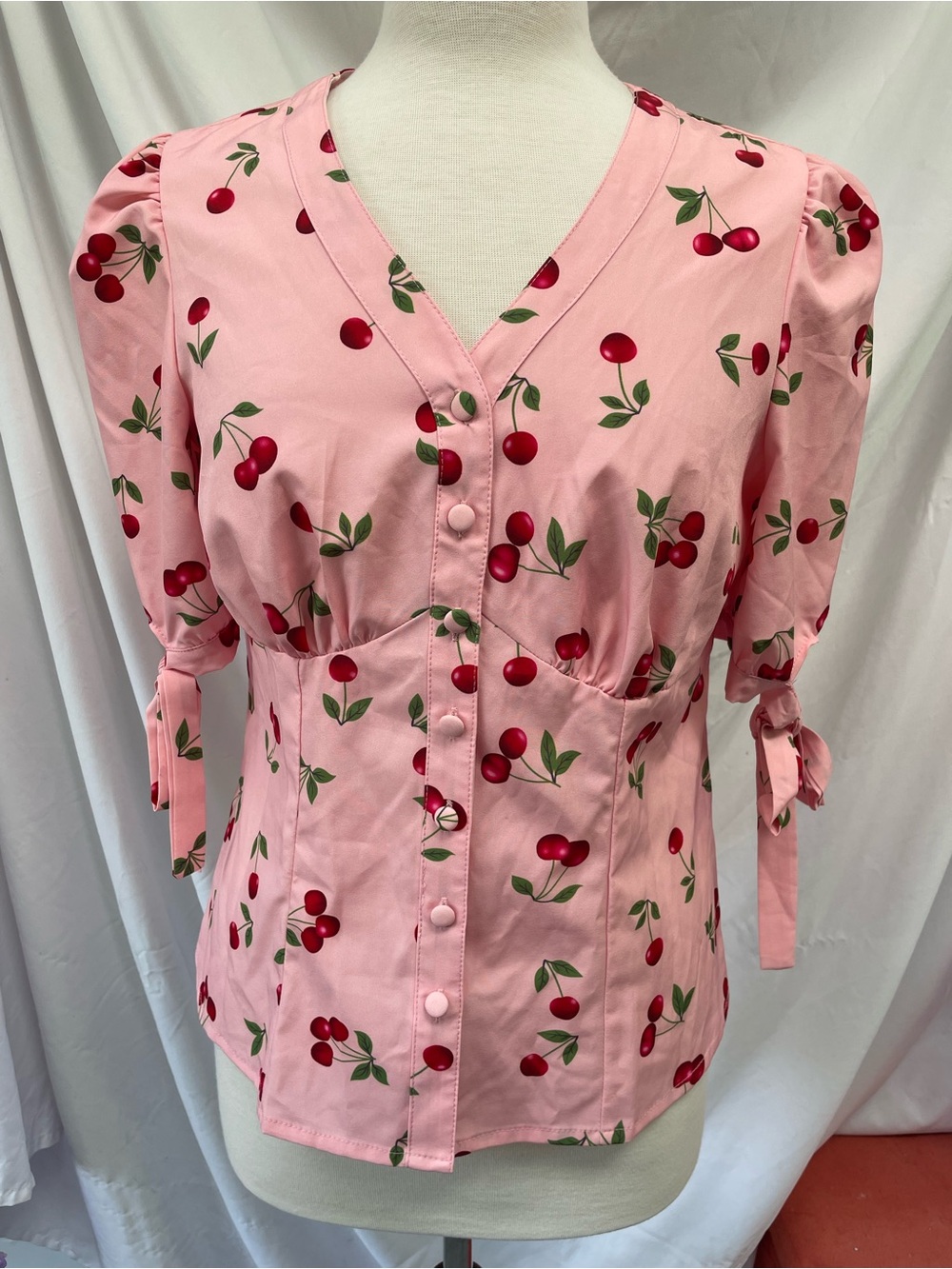 Women’s Pink Cherry-Print Button Front Blouse